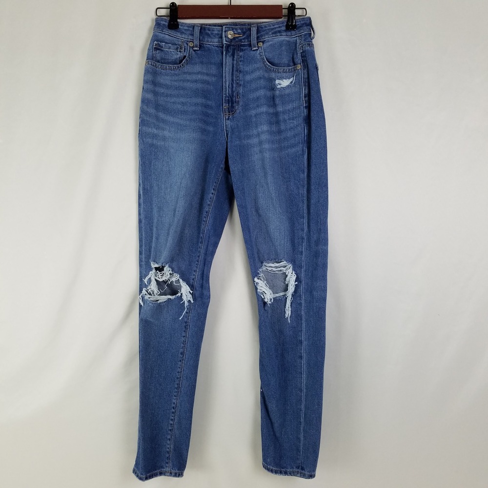 American Eagle Mom Jean Womens 2 Long Blue Distressed High Waisted Denim‎ Pants